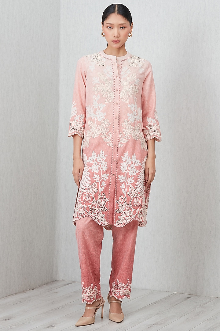 Blush Pink Poly Flex Thread Embroidered Tunic Set by Ranna Gill at Pernia's Pop Up Shop