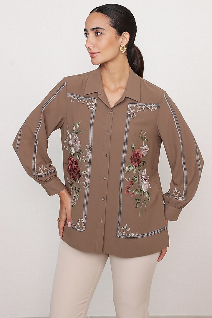 Mocha Taupe Georgette Top by Ranna Gill at Pernia's Pop Up Shop