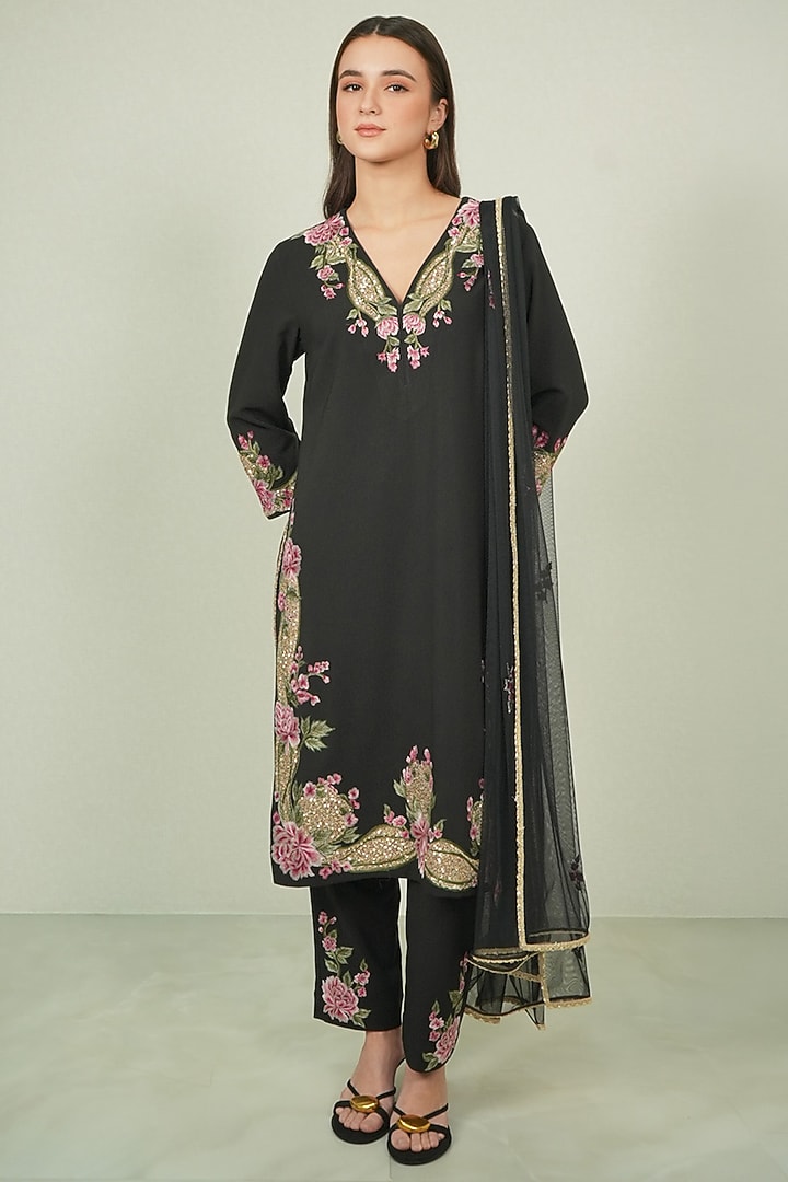 Black Poly Crinkle Floral Embroidered Tunic Set by Ranna Gill at Pernia's Pop Up Shop