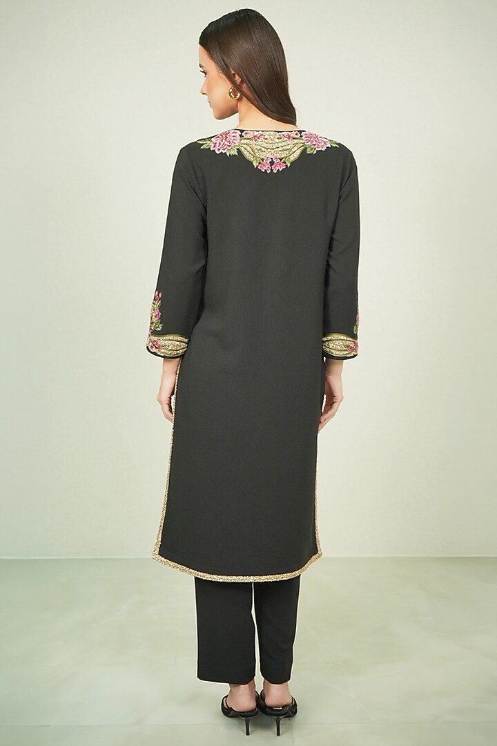 Black Poly Crinkle Floral Embroidered Tunic Set by Ranna Gill at Pernia's Pop Up Shop
