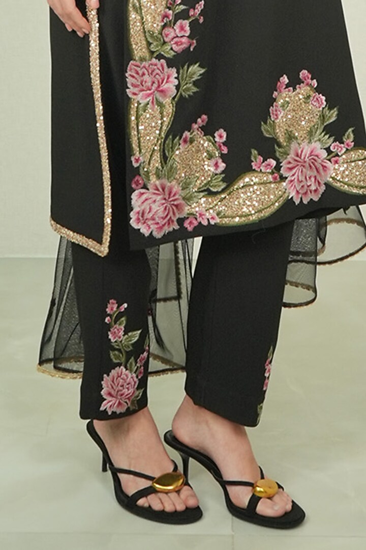Black Poly Crinkle Floral Embroidered Tunic Set by Ranna Gill at Pernia's Pop Up Shop