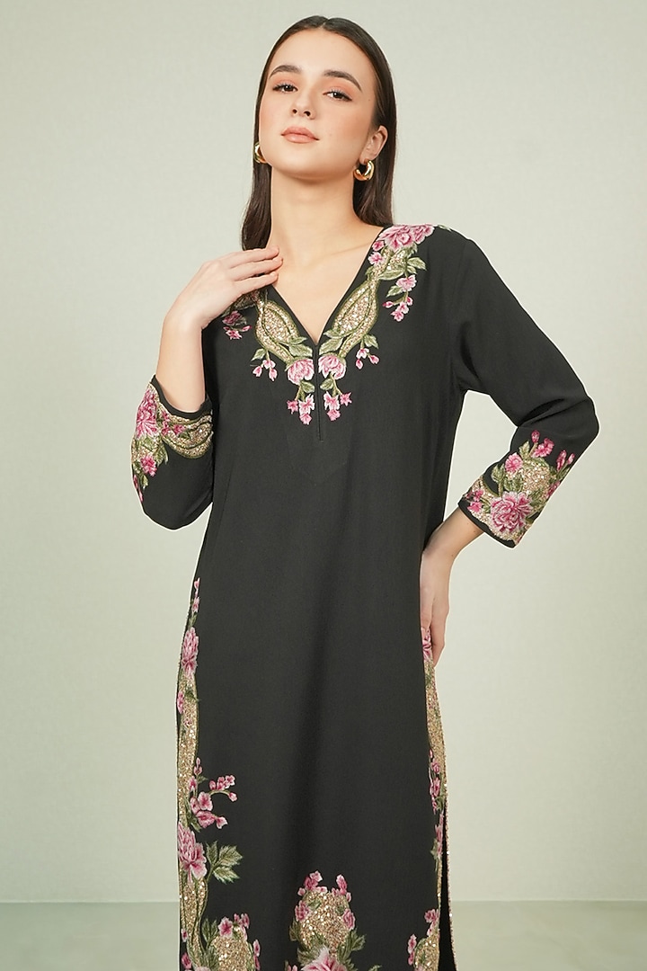 Black Poly Crinkle Floral Embroidered Tunic Set by Ranna Gill at Pernia's Pop Up Shop