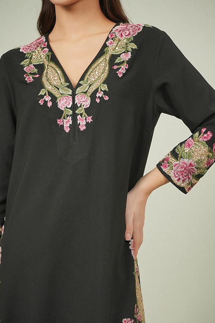 Black Poly Crinkle Floral Embroidered Tunic Set by Ranna Gill at Pernia's Pop Up Shop