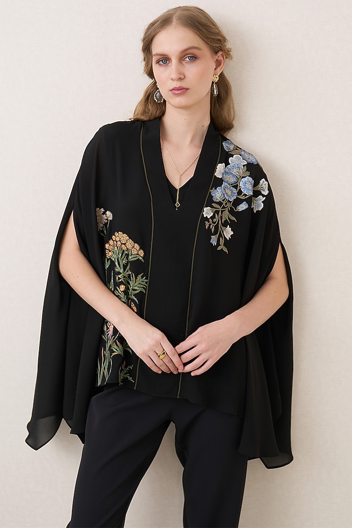 Black Poly Georgette Cape Top by Ranna Gill at Pernia's Pop Up Shop