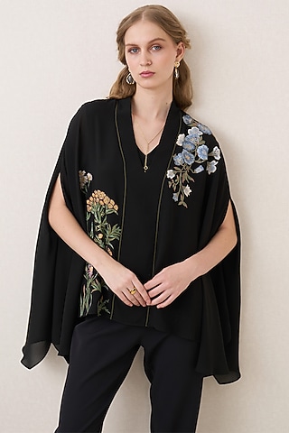 Black Poly Georgette Cape Top by Ranna Gill