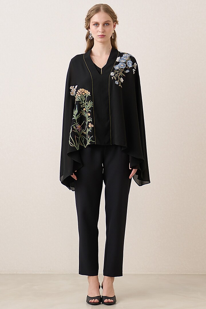 Black Poly Georgette Cape Top by Ranna Gill at Pernia's Pop Up Shop
