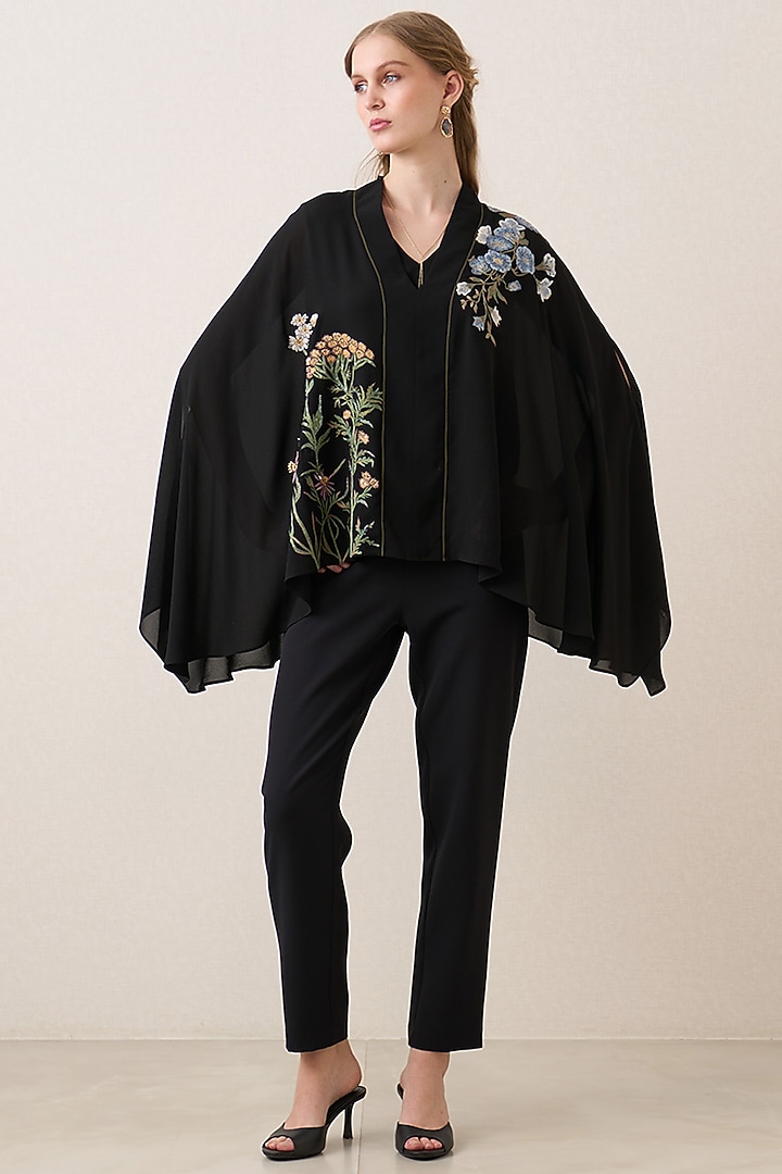 Black Poly Georgette Cape Top by Ranna Gill at Pernia's Pop Up Shop