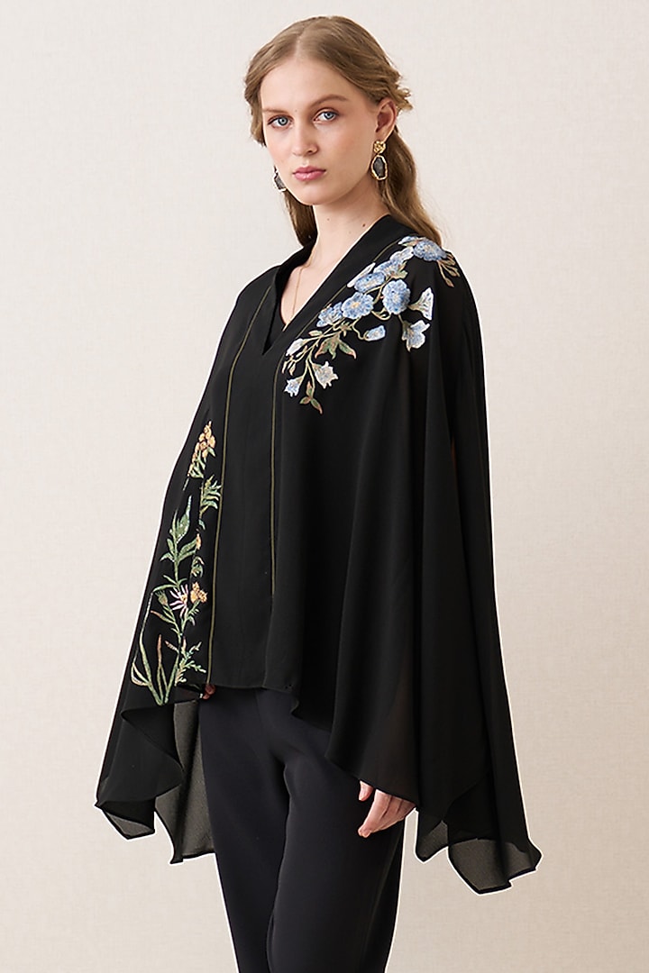 Black Poly Georgette Cape Top by Ranna Gill at Pernia's Pop Up Shop