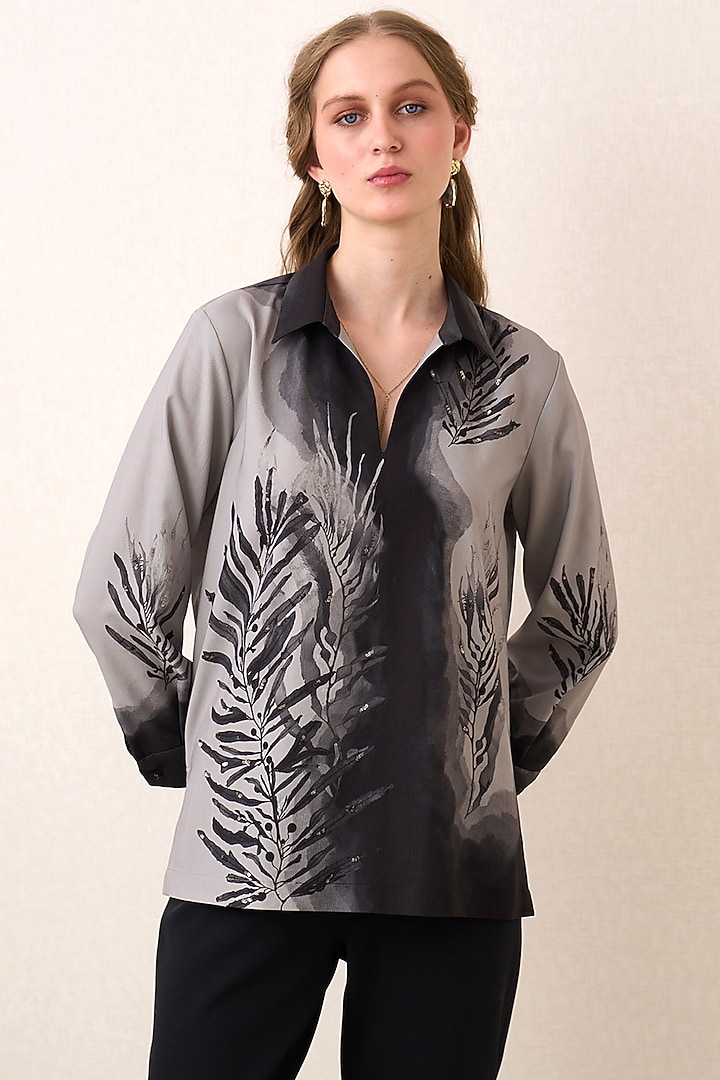 Grey Poly Crinkle Botanical Artwork Top by Ranna Gill at Pernia's Pop Up Shop