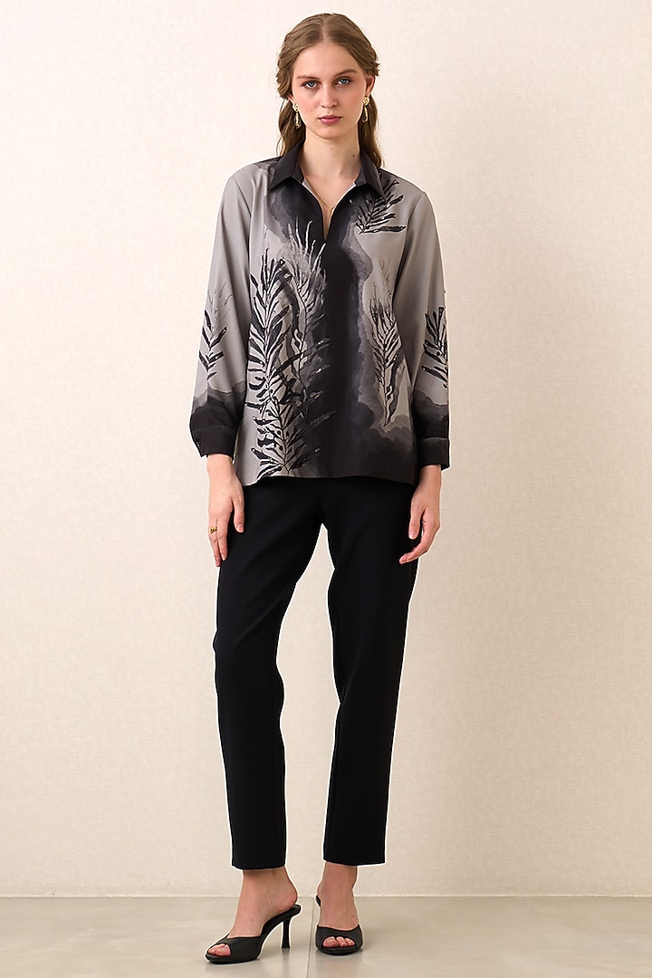 Grey Poly Crinkle Botanical Artwork Top by Ranna Gill at Pernia's Pop Up Shop
