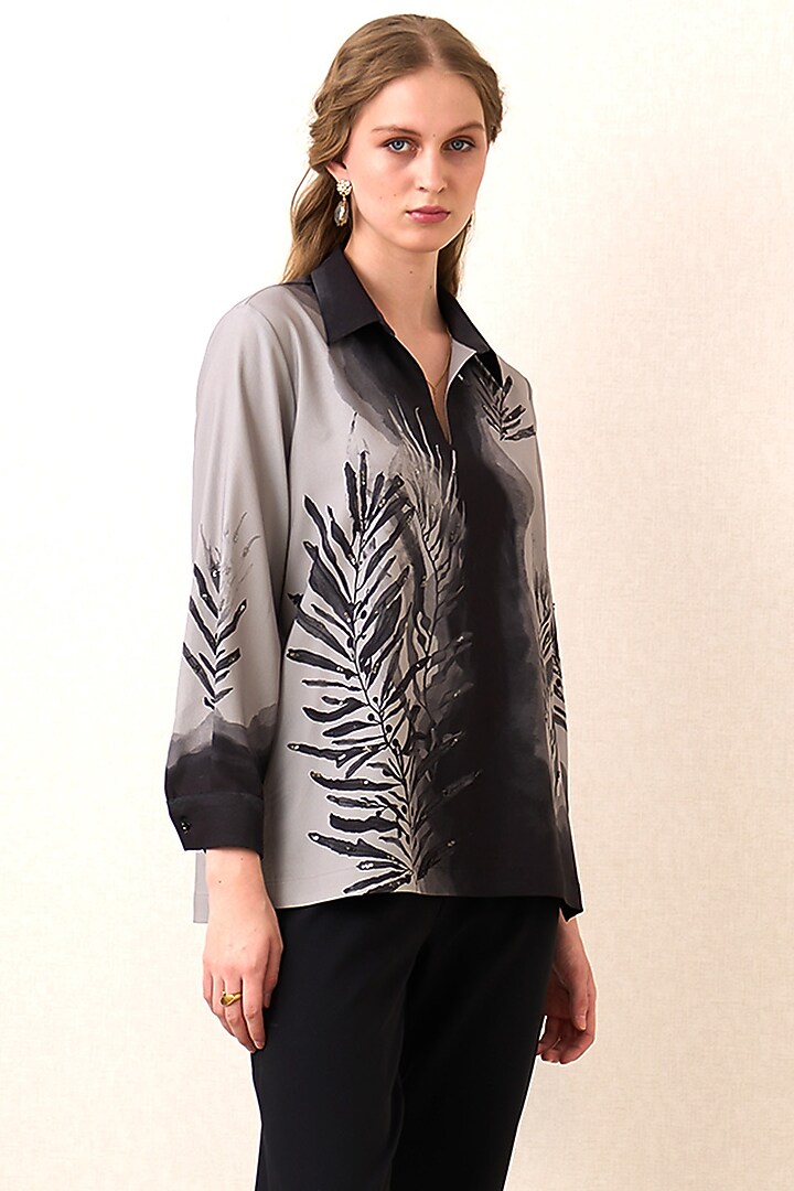 Grey Poly Crinkle Botanical Artwork Top by Ranna Gill at Pernia's Pop Up Shop