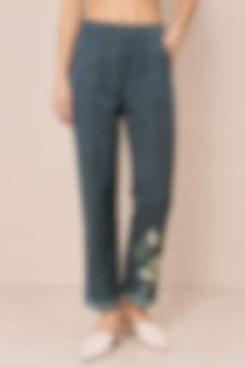 Elric Blue Tencil Twill Floral Artwork Straight Pants by Ranna Gill at Pernia's Pop Up Shop
