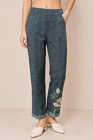 Elric Blue Tencil Twill Floral Artwork Straight Pants by Ranna Gill
