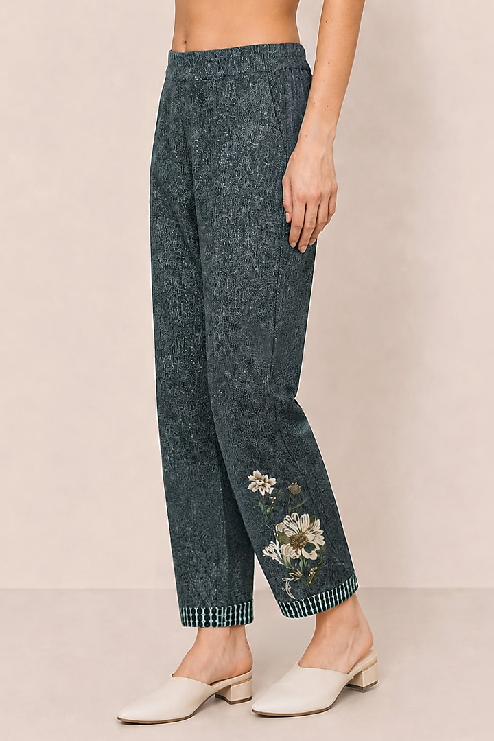 Elric Blue Tencil Twill Floral Artwork Straight Pants by Ranna Gill at Pernia's Pop Up Shop