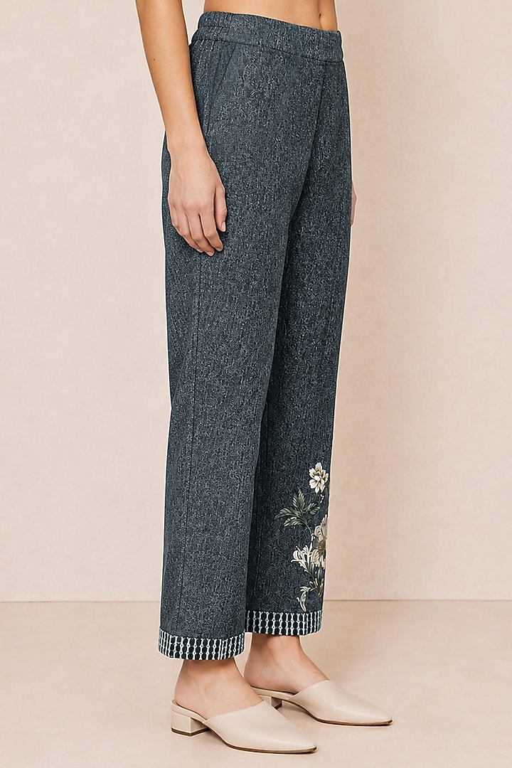 Elric Blue Tencil Twill Floral Artwork Straight Pants by Ranna Gill at Pernia's Pop Up Shop
