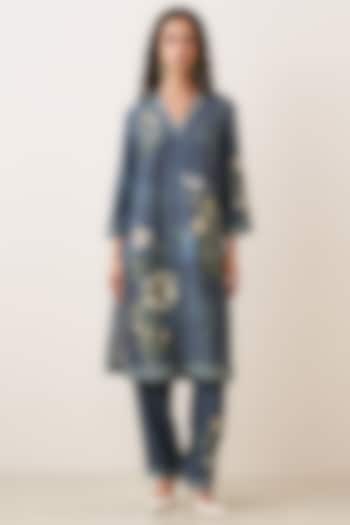 Blue Tencil Twill Botanical Artwork Tunic by Ranna Gill at Pernia's Pop Up Shop