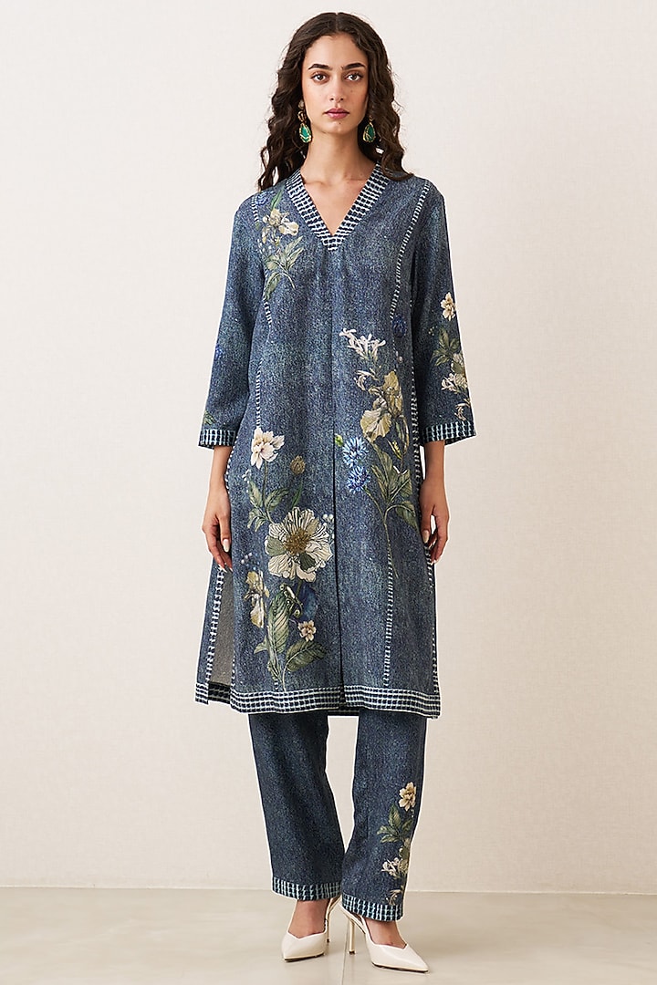 Blue Tencil Twill Botanical Artwork Tunic by Ranna Gill at Pernia's Pop Up Shop