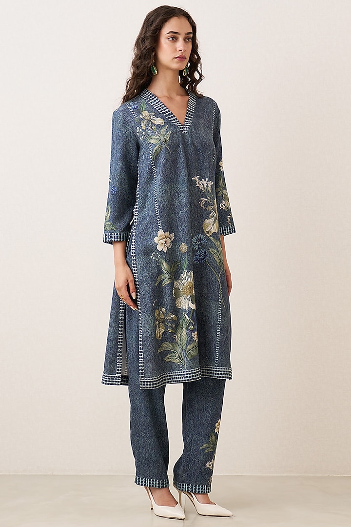 Blue Tencil Twill Botanical Artwork Tunic by Ranna Gill at Pernia's Pop Up Shop