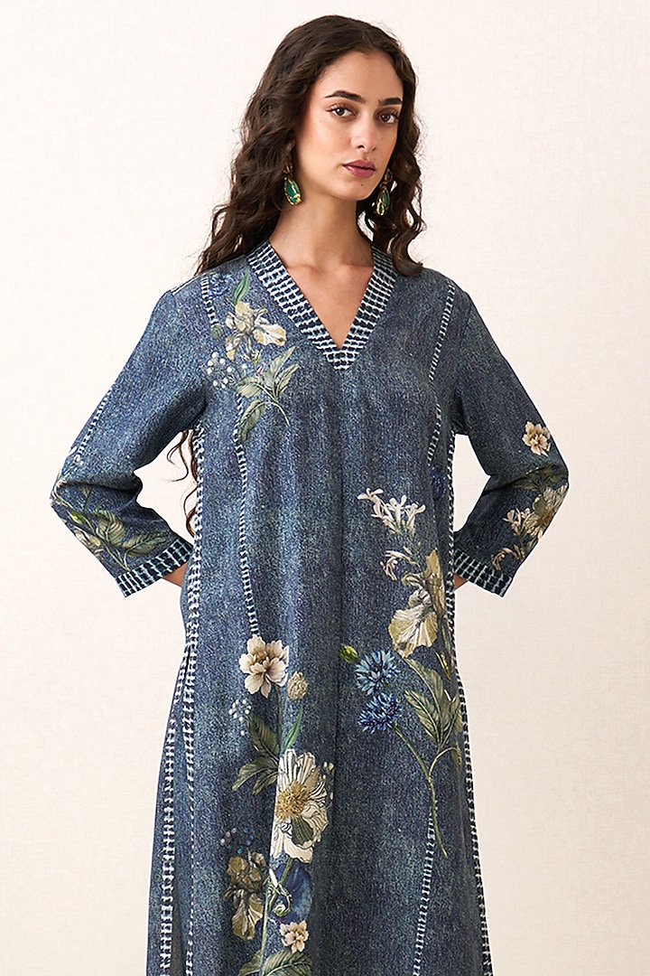 Blue Tencil Twill Botanical Artwork Tunic by Ranna Gill at Pernia's Pop Up Shop