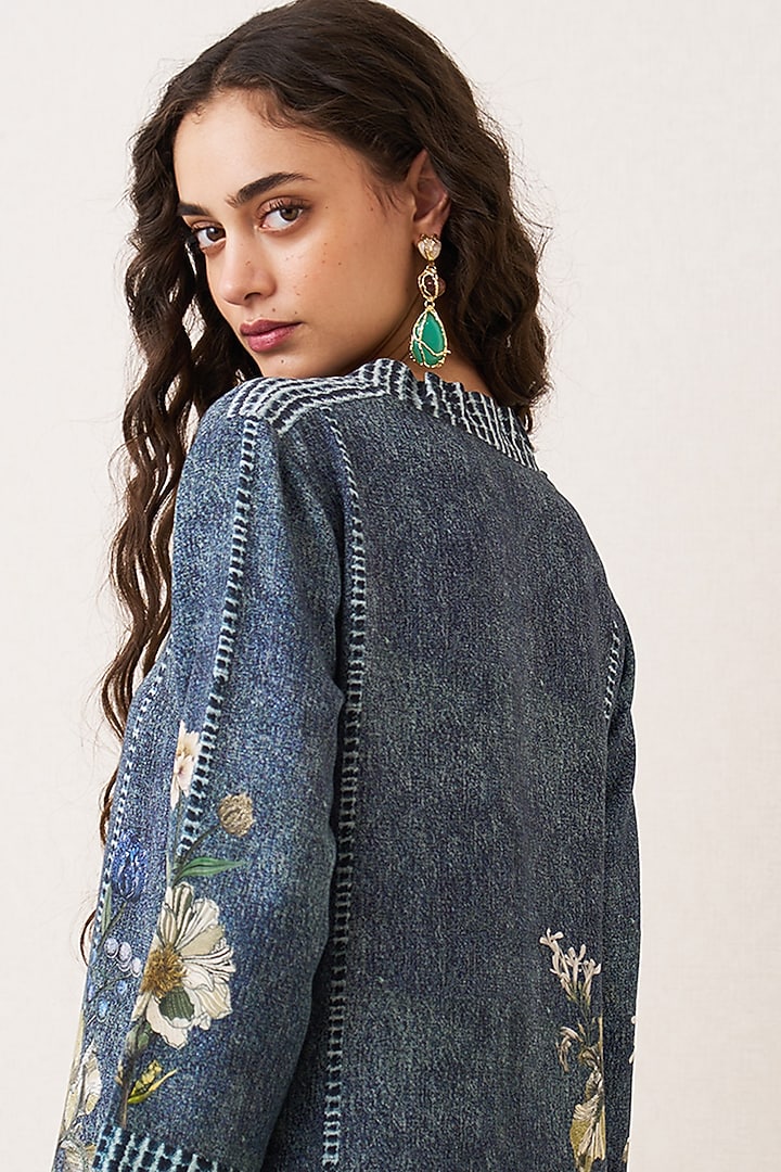 Blue Tencil Twill Botanical Artwork Tunic by Ranna Gill at Pernia's Pop Up Shop