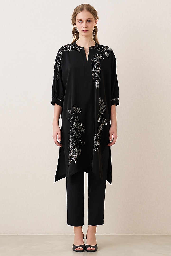 Black Poly Crepe Embellished Tunic by Ranna Gill at Pernia's Pop Up Shop