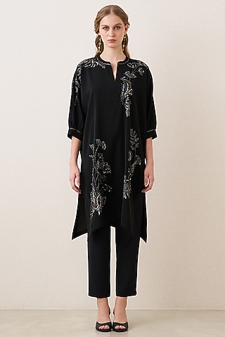Black Poly Crepe Embellished Tunic by Ranna Gill