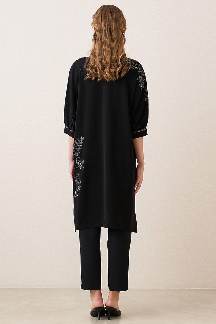 Black Poly Crepe Embellished Tunic by Ranna Gill at Pernia's Pop Up Shop
