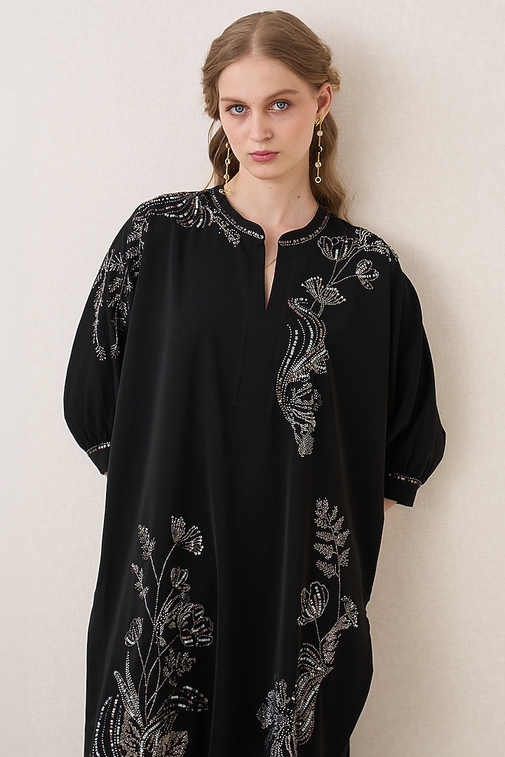 Black Poly Crepe Embellished Tunic by Ranna Gill at Pernia's Pop Up Shop