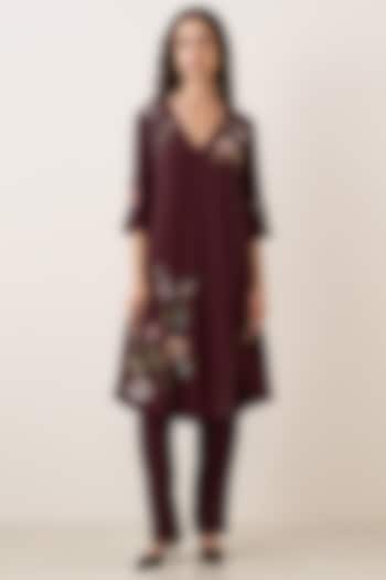 Oxblood Poly Georgette Embellished Tunic Set by Ranna Gill at Pernia's Pop Up Shop