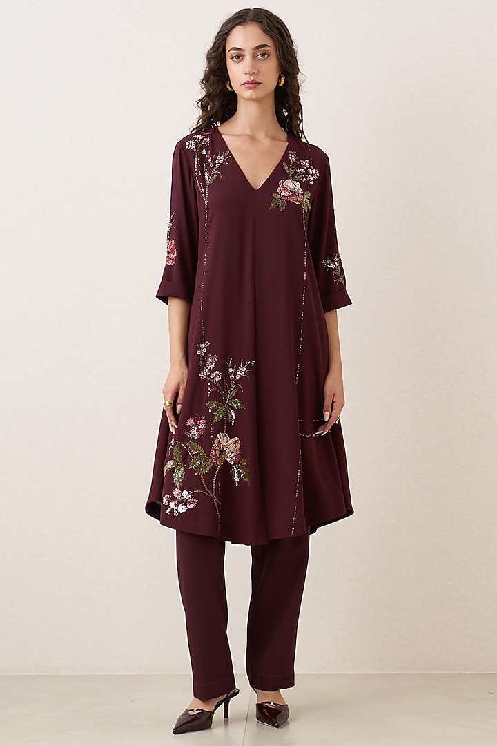Oxblood Poly Georgette Embellished Tunic Set by Ranna Gill at Pernia's Pop Up Shop