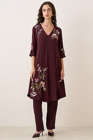 Oxblood Poly Georgette Embellished Tunic Set by Ranna Gill