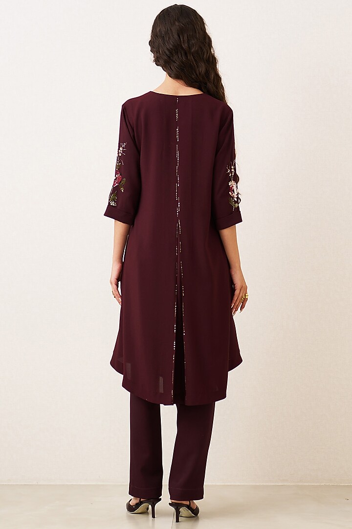 Oxblood Poly Georgette Embellished Tunic Set by Ranna Gill at Pernia's Pop Up Shop