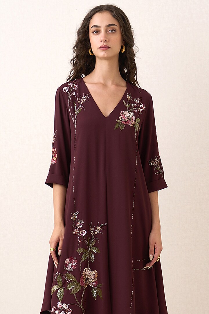 Oxblood Poly Georgette Embellished Tunic Set by Ranna Gill at Pernia's Pop Up Shop