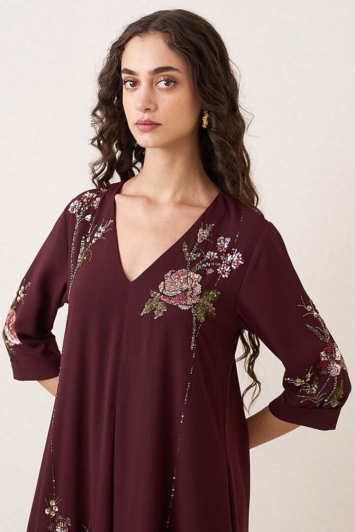Oxblood Poly Georgette Embellished Tunic Set by Ranna Gill at Pernia's Pop Up Shop