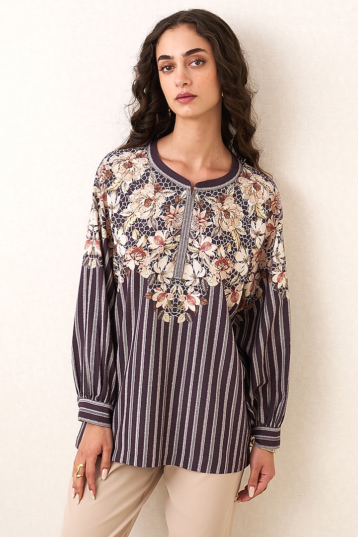 Plum Poly Crinkle Printed Top by Ranna Gill at Pernia's Pop Up Shop