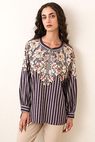 Plum Poly Crinkle Printed Top by Ranna Gill
