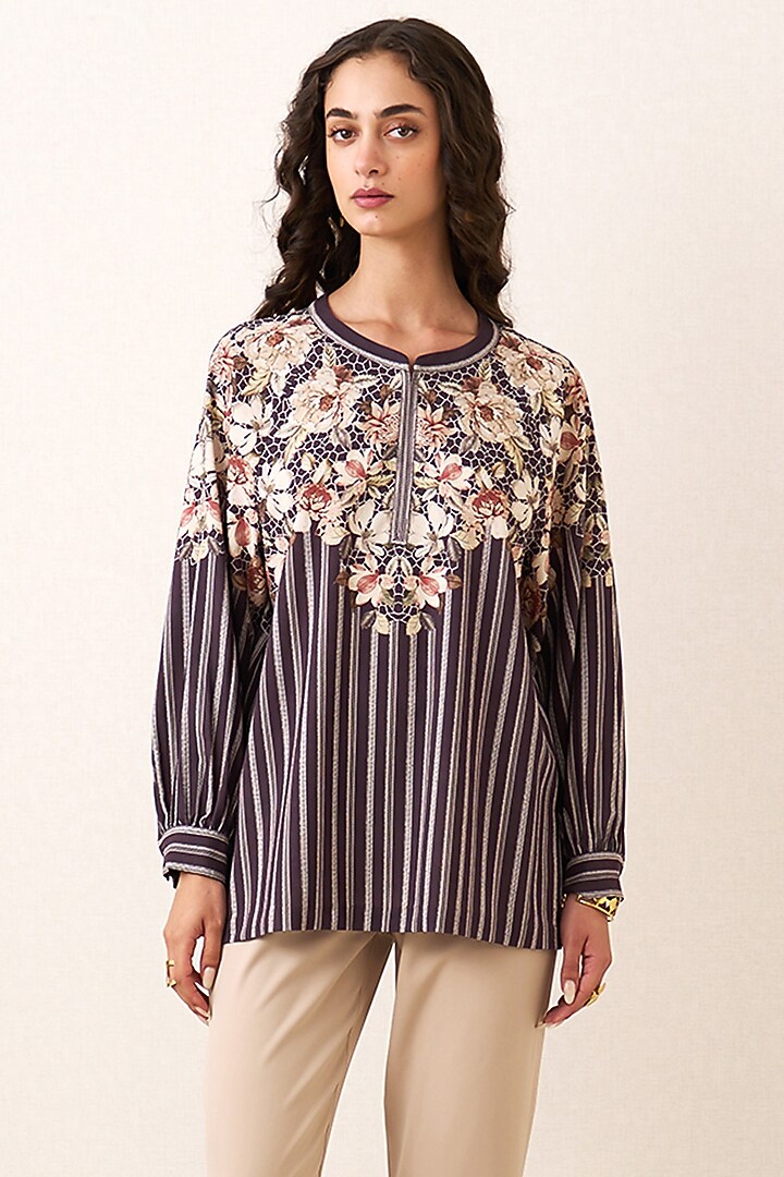 Plum Poly Crinkle Printed Top by Ranna Gill at Pernia's Pop Up Shop