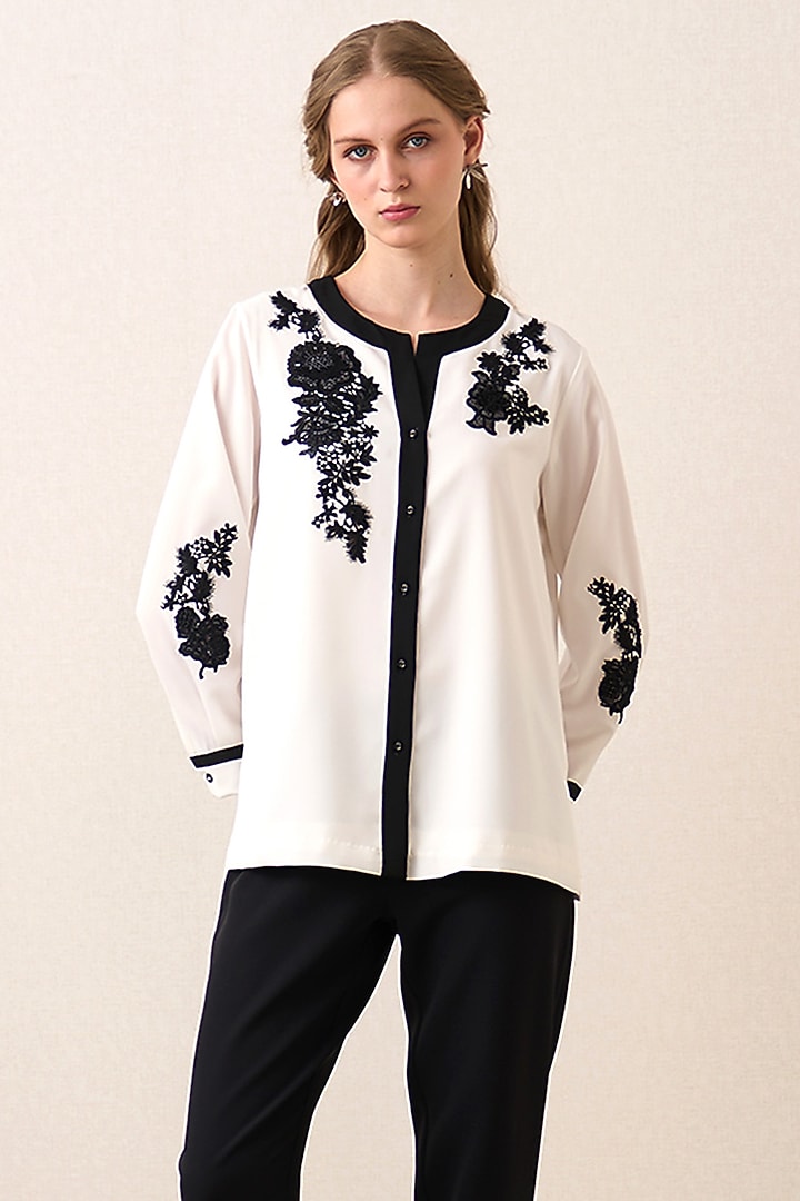 White China Crepe Floral Applique Artwork Top by Ranna Gill at Pernia's Pop Up Shop