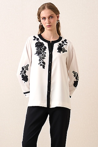 White China Crepe Floral Applique Artwork Top by Ranna Gill