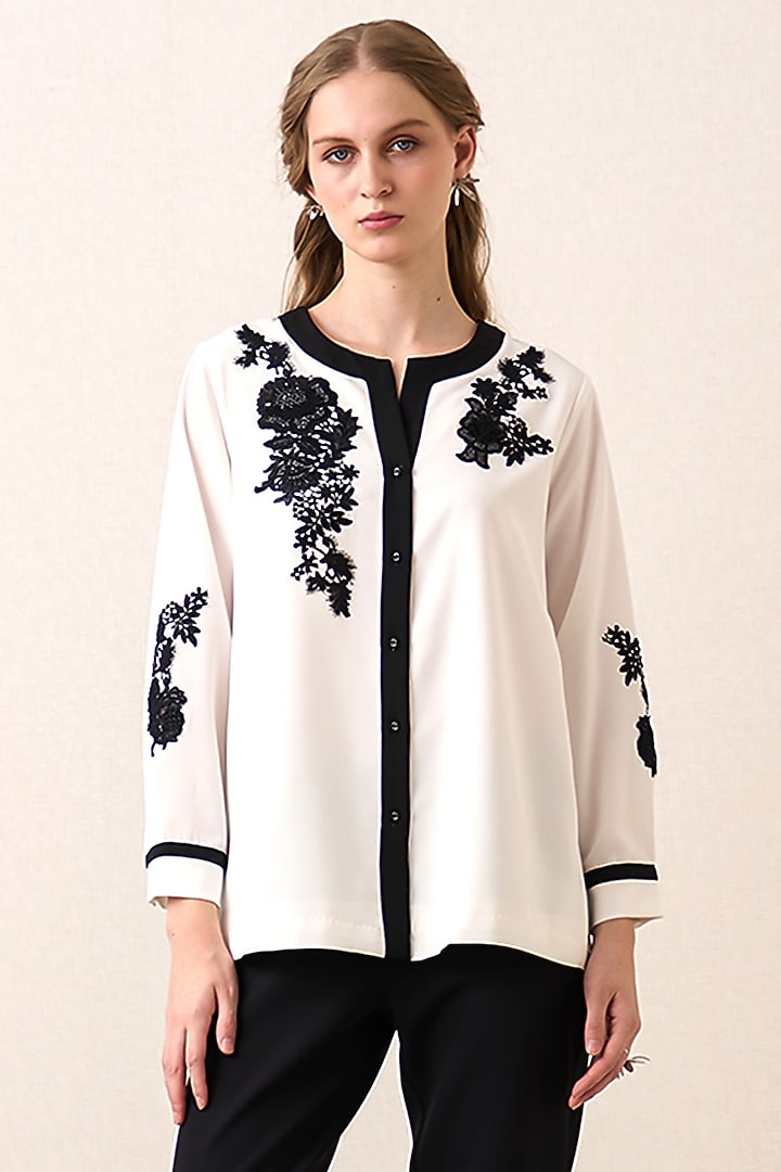 White China Crepe Floral Applique Artwork Top by Ranna Gill at Pernia's Pop Up Shop