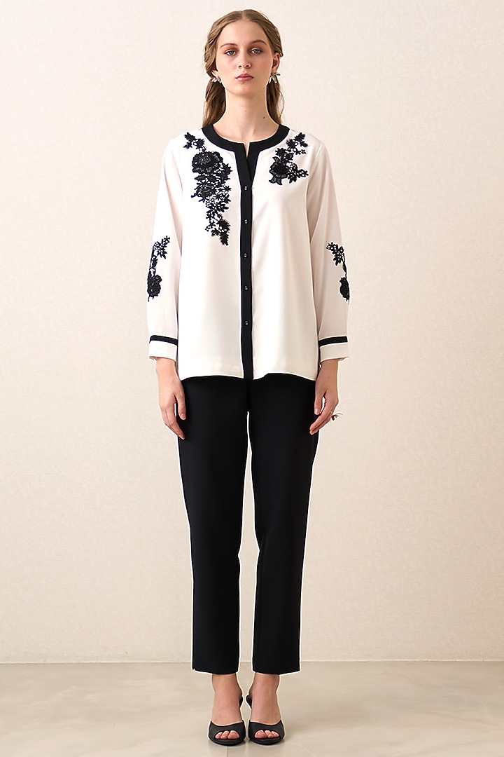 White China Crepe Floral Applique Artwork Top by Ranna Gill at Pernia's Pop Up Shop