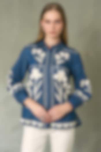 Blue Denim Floral Artwork Top by Ranna Gill at Pernia's Pop Up Shop