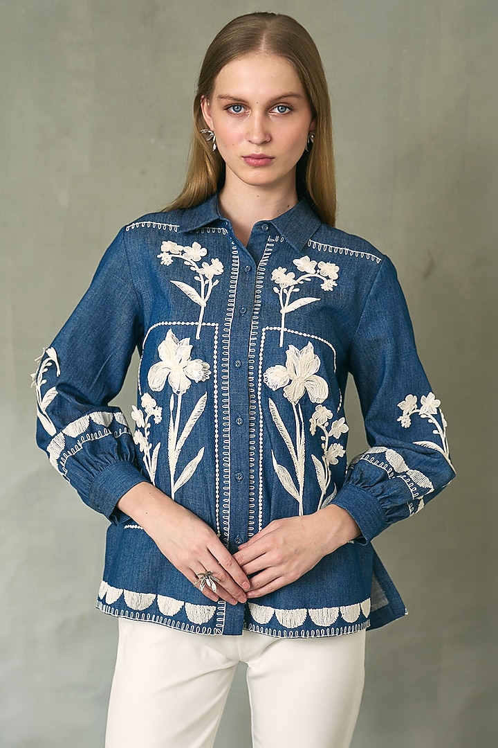 Blue Denim Floral Artwork Top by Ranna Gill at Pernia's Pop Up Shop
