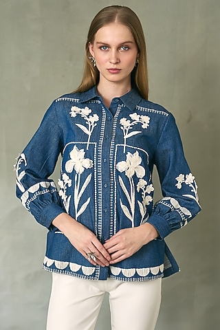 Blue Denim Floral Artwork Top by Ranna Gill