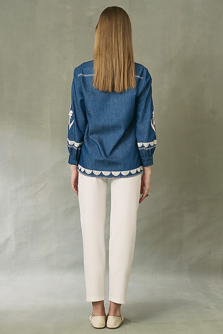 Blue Denim Floral Artwork Top by Ranna Gill at Pernia's Pop Up Shop