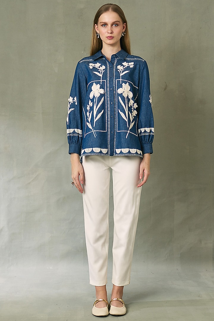 Blue Denim Floral Artwork Top by Ranna Gill at Pernia's Pop Up Shop