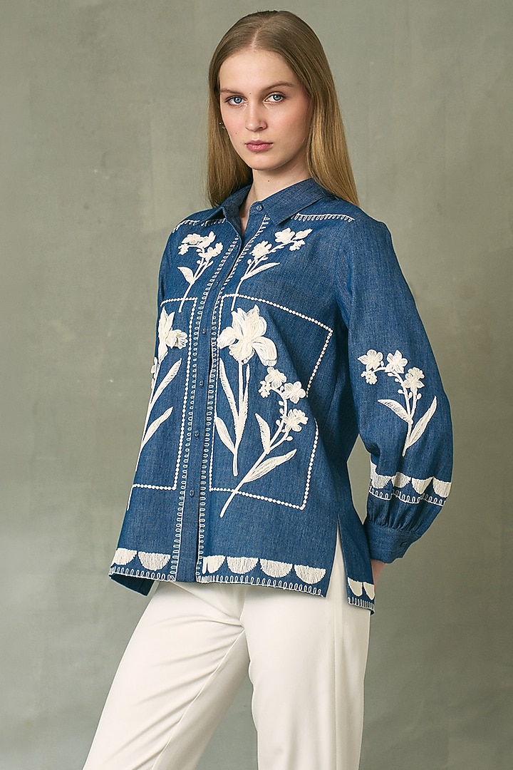 Blue Denim Floral Artwork Top by Ranna Gill at Pernia's Pop Up Shop