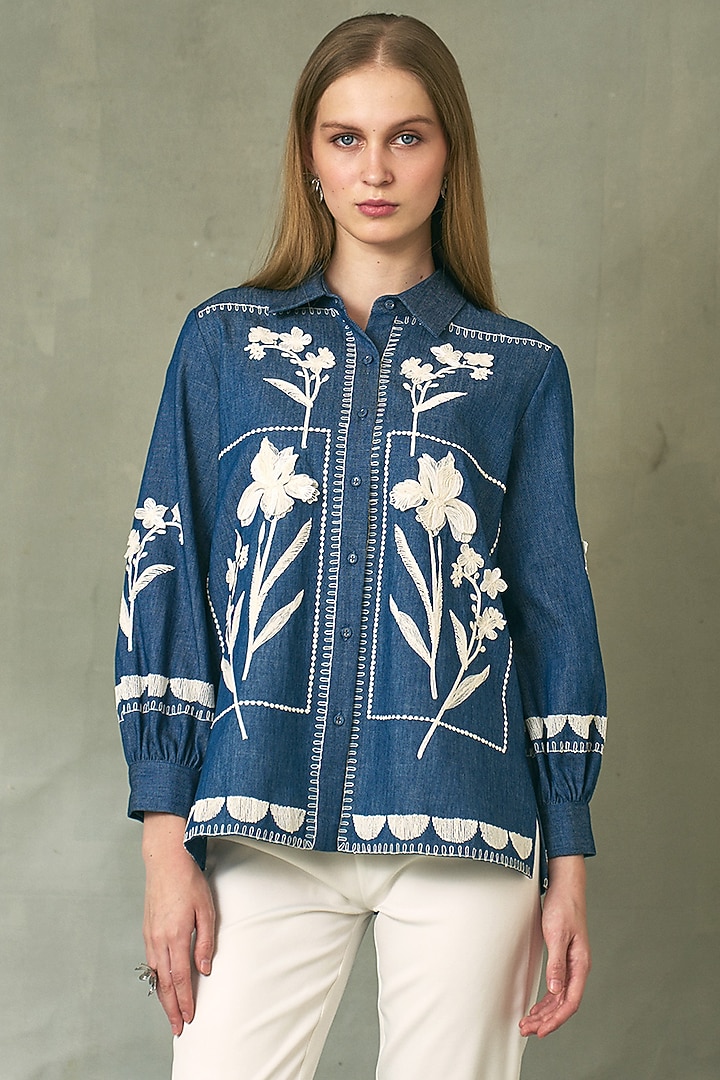 Blue Denim Floral Artwork Top by Ranna Gill at Pernia's Pop Up Shop
