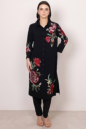 Black Poly Crinkle Floral & Motif Work Tunic by Ranna Gill at Pernia's Pop Up Shop