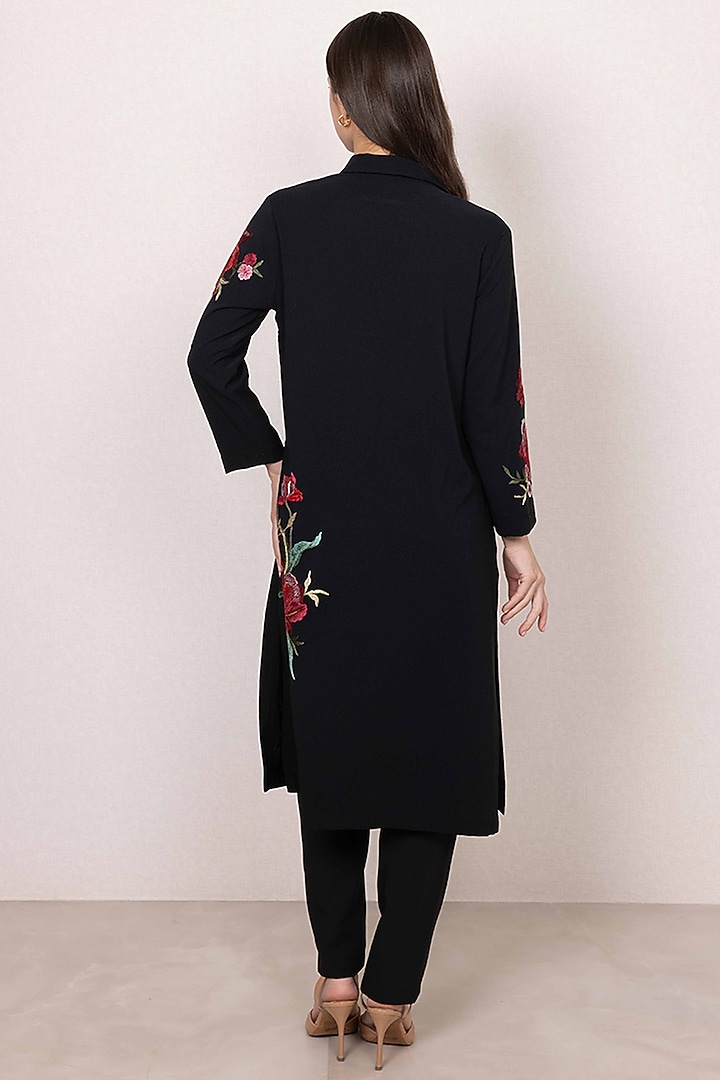 Black Poly Crinkle Floral & Motif Work Tunic by Ranna Gill at Pernia's Pop Up Shop